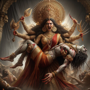 portrait of angry looking goddess durga  carrying an unfit mahishasur in her arms and poking him with her amazingly long red fingernails. She is wearing a huge gold crown, red saree, abundant  gold jewelry, covered in blood. The scene is set in ancient India. The image is 8K resolution, cinematic, ultra detailed face and epic.