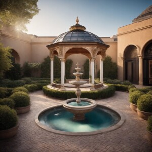 Design a classic luxury roof garden featuring an opulent square-...
