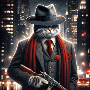 cat in funeral clothes, fedora hat, red scarf in pocket, Remingt...