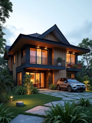 Rumah kayu modern dengan teras luas, seluruh bagian depan dan sa...