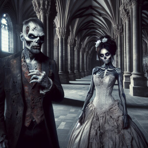 Create an image of a Gothic cathedral interior, bathed in dramat...