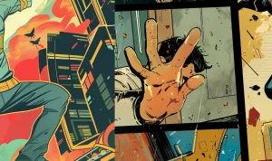 Collage-style comic: 1) Superhero battling a robot in a splash p...