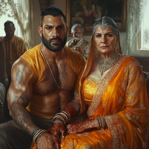 Realistic art style 1:1, a muscular sweaty man with a well-built...