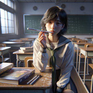 Schoolgirl smoking a cigarette in class.