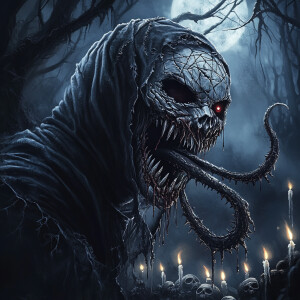 A dark, horror-themed digital illustration of a terrifying maske...