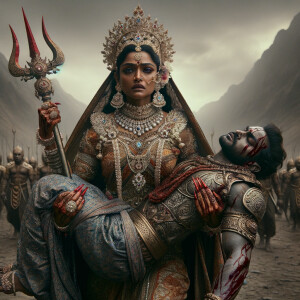 Create a cinematic 8K resolution portrait of a powerful, muscular goddess Durga of Indian mythology. She has an intense gaze, carries a frail evil figure in her arms, and is striking him with her crimson dagger-like fingernails. She is adorned in stunning attire that includes a saree, armor, a grand crown, and an abundance of jewelry, every piece sparkling as if made from diamonds. The scene is set in a barren, arid landscape that heightens the dramatic tension. There is a poignant aftermath of the confrontation, signified by the hint of red scattered around. Pay extra attention to the ultra-detailed depiction of her majestic visage and overall grandeur reminiscent of an epic.