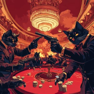 Well-dressed mafia cats exchanging gunfire inside a luxurious ca...