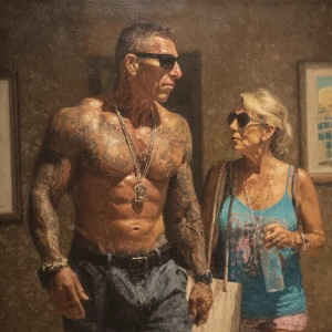 (Hyperrealism image),a man( criminal muscular beefy sweaty tatto...