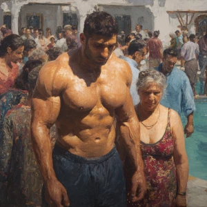 hyperrealism painting,a muscular beefy kashmiri manwalking ,with...