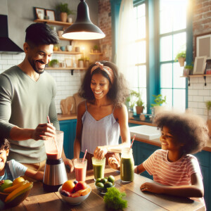 family enjoys smoothies together in a bright kitchen