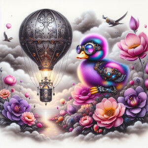 beautiful airbrushed air balloon with a cyber punk duckling and...