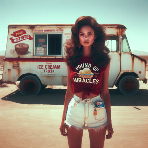 Create a faded color film photograph from 1973 of a beautiful, n...