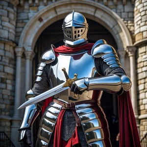 Create an image of a dashing, chivalrous knight clad in radiant,...