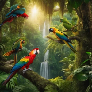 A vibrant jungle scene filled with exotic plants, hanging vines, and a small, ancient stone ruin hidden among the undergrowth. Parrots and monkeys move through the canopy as a golden light filters down through the trees