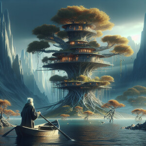 A gray-haired fisherman rowed up to an island with dry trees wit...