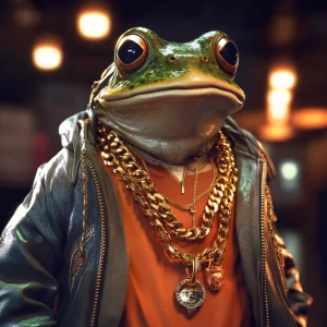realistic anthropomorphic frog character wearing gold chains and...