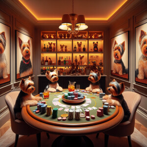 In a soft-lit room, four yorkies sat around a round poker table,...