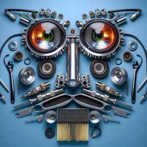 Design an image depicting a face composed entirely of car parts,...