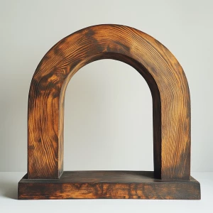 A wooden archway, centered in the image. The arch is carved from a single piece of dark brown wood, exhibiting natural wood grain patterns and variations in tone.  The archway has a smooth, semi-circular shape and appears to be part of a larger wooden structure.  The wood has a rich, dark brown color with lighter, streaky highlights.  The interior of the archway is completely black. The archway sits atop a horizontal wooden base or lintel, which matches the color and grain of the arch. The framing of the archway, with its pillars and base, provides a sense of depth and structure. The background is a plain, light gray or white wall. The overall style is rustic, minimalist, and natural, evoking a sense of warmth and organic beauty. The lighting is even, casting no distinct shadows within the image, which enhances the focus on the wood texture and its details. The perspective is straight-on, looking directly at the archway.