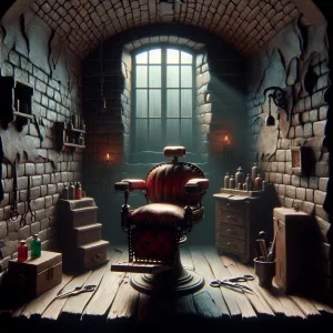 A dark, claustrophobic barber shop located on the second floor o...