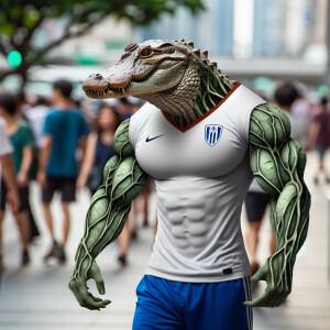 Man- alligator hybrid with extra huge muscles with veins popping...