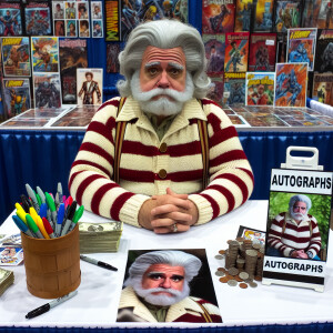 hyper realistic photo of older, gray hair, heavier Beetle Juice....