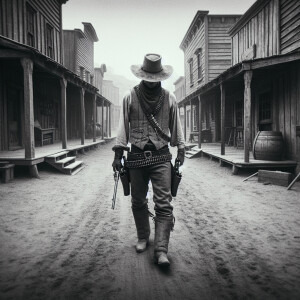 An old west cowboy standing in the middle of the road, in the m...