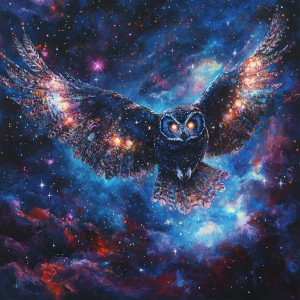 An ethereal owl soaring through a vast starry sky, its wings dis...