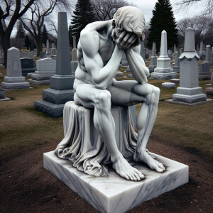 man made entirely marble, sitting hands over his face as if he's...