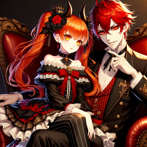 Lilith as a girl with elegant gothic lolita dress sit on the lap of handsome lucifer, the girl has red hair and golden eyes, thrones, blackand red elegant luxury background, Lucifer evil smirk, The girl fierce look, Obsession and Ownership sign