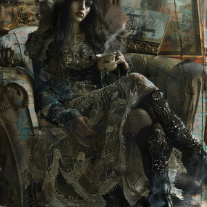 Create a mesmerizing grunge-style illustration of a fashion mode...