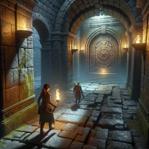 "Create an atmospheric scene of an ancient, torch-lit dungeon co...