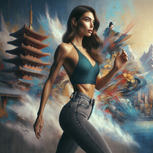 Athletic Thin skinny Attractive, Asian teenage girl, long brown hair and bangs, wearing tight skinny jeans and a halter top paint marks on her clothing, heroic pose Asian graffiti background, side view