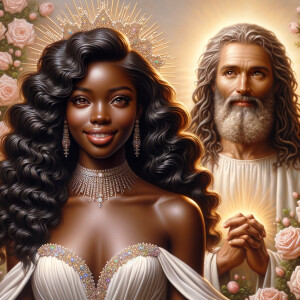 Create a 3-D realistic oil, painting of a beautiful African-American bride. She has long flooring, wavy hair and her gown has beautiful jewels around the neckline. in the background there is a beautiful African-American Jesus Christ with long dreadlocks, and he is smiling. He is very handsome pastel flowers throughout the image.