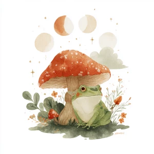 whimsical cottagecore style illustration of a cute green frog si...