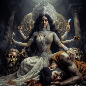 Imagine an hourglass form, an athletic build, enraged goddess Durga sitting atop a golden crown, and a wounded Mahishasur lying like a baby on top of her lap.  wearing a whitesaree, diamond  jewelry all over her body, a large gold crown on her head, and glaring into the camera. The lighting is incredibly realistic, cinematic, 8K, UHD, and the face is realistically depicted with photorealistic perfection. Photography