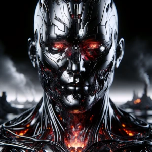 A futuristic biomechanical humanoid with a cracked metallic face...