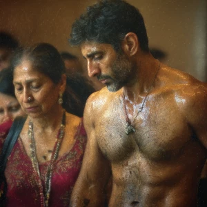 realism photo painting,A sweaty beefy kashmiri man walking with...