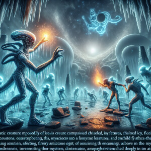 An alien made of ice is pulling an alien made of fire by the leg...