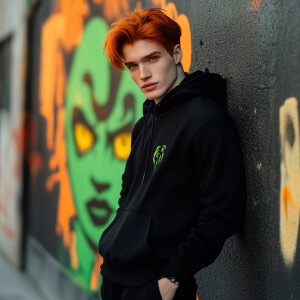 Create an image of a 22-year-old man with red hair and yellow ey...