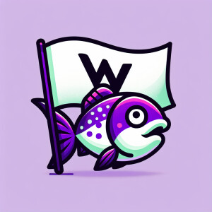 Cute Purple and neon green piranha
Holding white flag.  On the w...