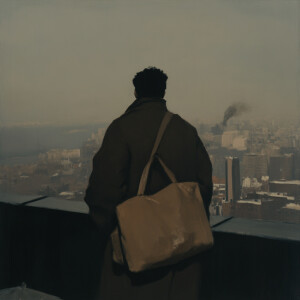 A person stands with his bag with his back to the camera and loo...