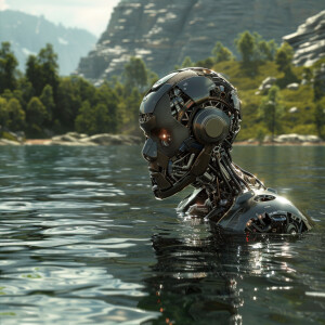 Cyborg's swimming in a lake. HDR, ultra-detailed, masterpiece,...