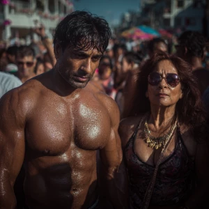 a muscular beefy indian man walking ,with his sweaty indian 54 y...