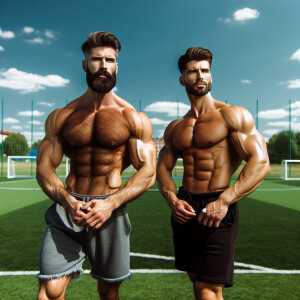 Two beefy bodybuilders shirtless hairy chest bearded on the socc...