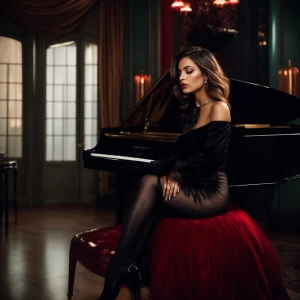 Refined, detailed woman seated sideways on black grand piano in...