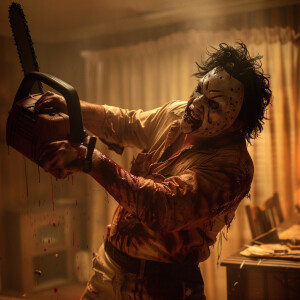 An eerie scene unfolds as Leatherface grips his chainsaw tightly...