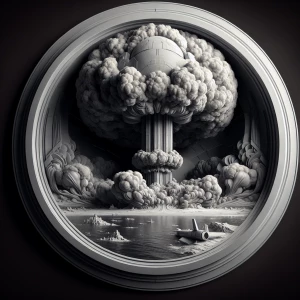 Grayscale 3d bas relief of a Death Star exploding, round border