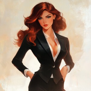 Create an image of an elegant woman exuding confidence with a cu...