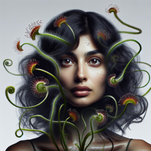 Cabeza de mujer mezclada con planta carnivora Drosera